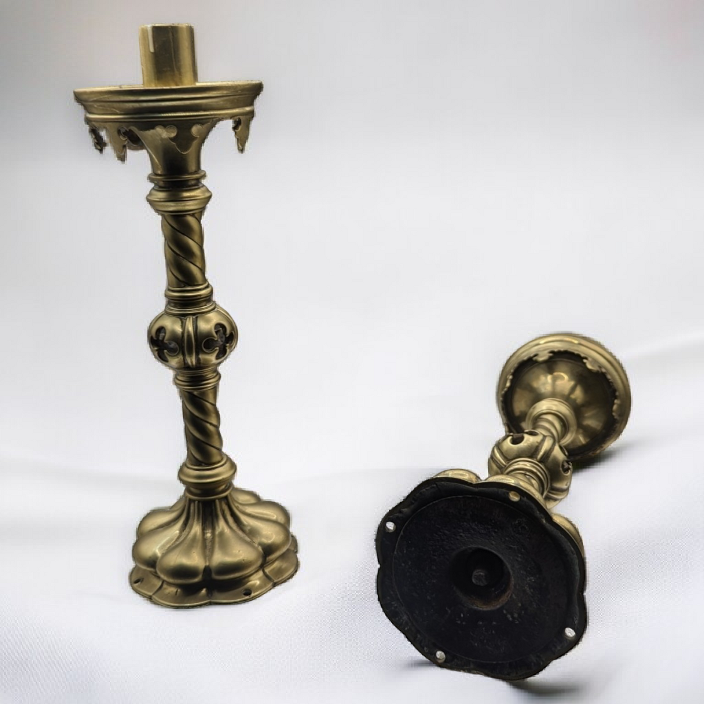 Antique 1800s Pair of Pugin Style Brass Candlesticks