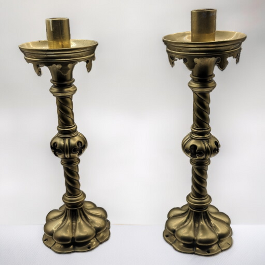 Antique 1800s Pair of Pugin Style Brass Candlesticks