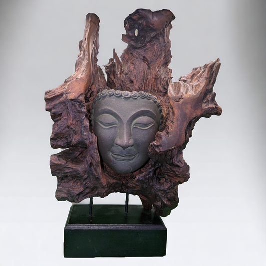 Vintage Bronze Buddha Mask Sculpture set in Tree Root - Wat Mahathat Inspired