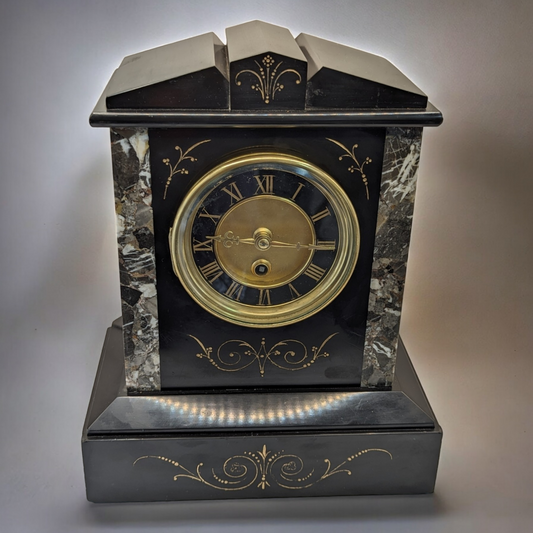 Antique Victorian Black Slate & Marble French Timepiece - 8-Day Movement with Pendulum and Key